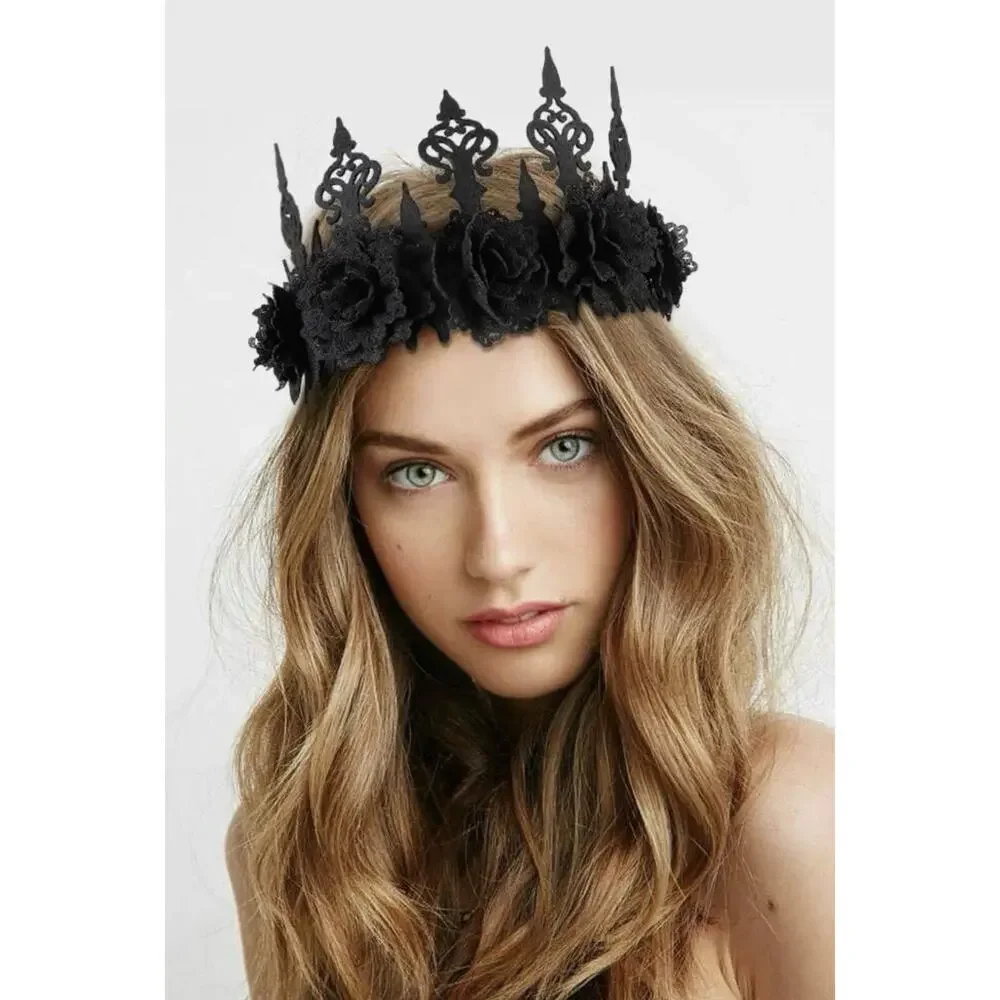 Black Rose Flower Crown Women Girls Tie On Gothic Floral Headband Costume